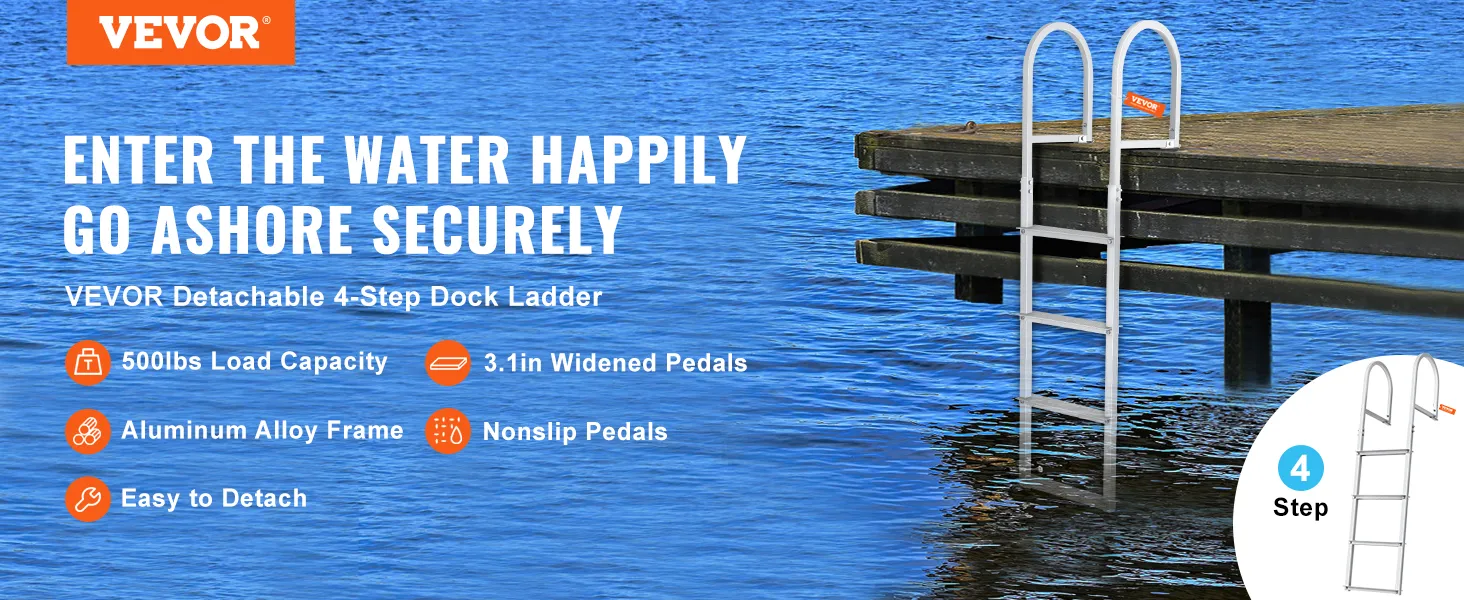 VEVOR detachable 5-step dock ladder with aluminum alloy frame and non-slip rubber pads by lake. signs for 500lbs load