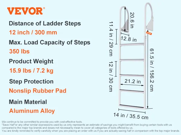 VEVOR dock ladder with flip-up design, nonslip steps, aluminum alloy, 350 lbs load capacity.