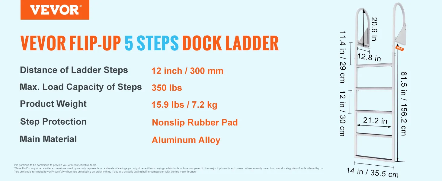 VEVOR dock ladder with flip-up design, nonslip steps, aluminum alloy, 350 lbs load capacity.