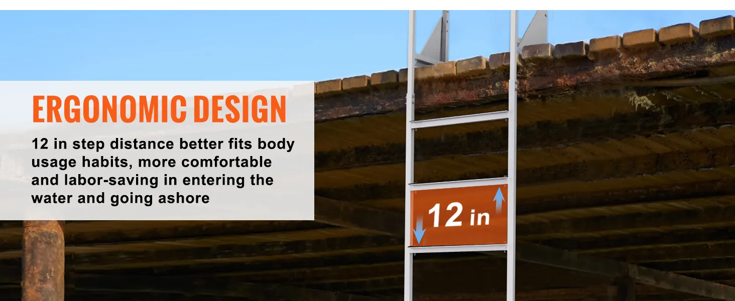VEVOR dock ladder with 12-inch step distance and ergonomic design for comfortable water access.