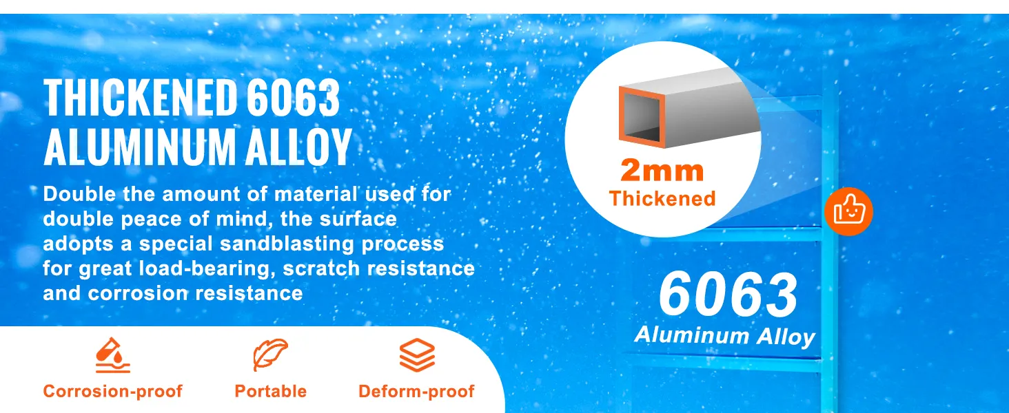 thickened 6063 aluminum alloy 2mm for VEVOR dock ladder; corrosion-proof, portable, deform-proof.