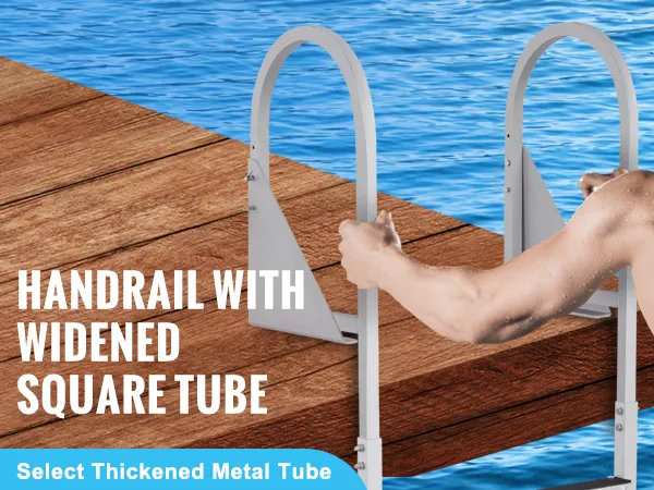swimmer using VEVOR dock ladder with widened square tube handrails for easy and safe water access.