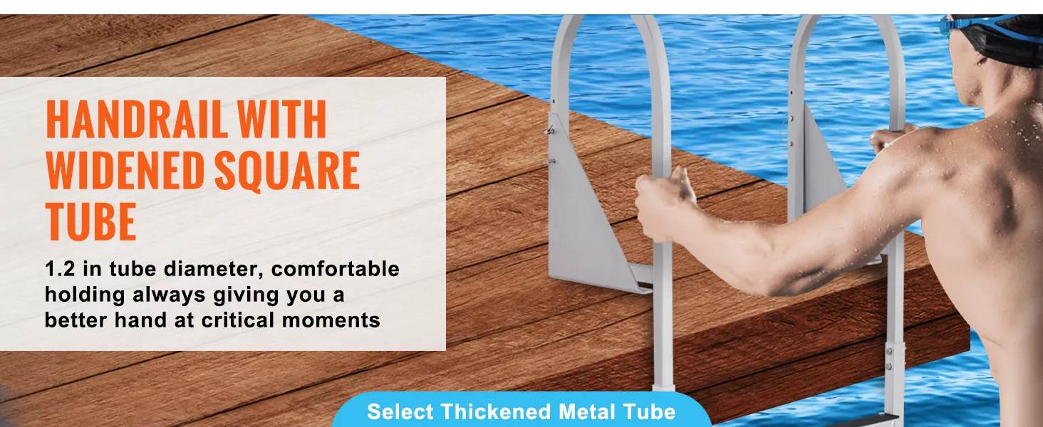 swimmer using VEVOR dock ladder with widened square tube handrails for easy and safe water access.