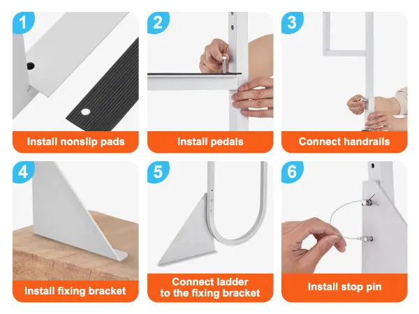 install VEVOR dock ladder in 6 easy steps: nonslip pads, pedals, handrails, fixing bracket, ladder, stop pin.