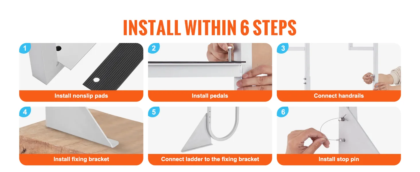 install VEVOR dock ladder in 6 easy steps: nonslip pads, pedals, handrails, fixing bracket, ladder, stop pin.