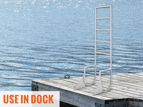 use your product: “blue water, stable aluminum VEVOR dock ladder standing firm on a wooden dock.”