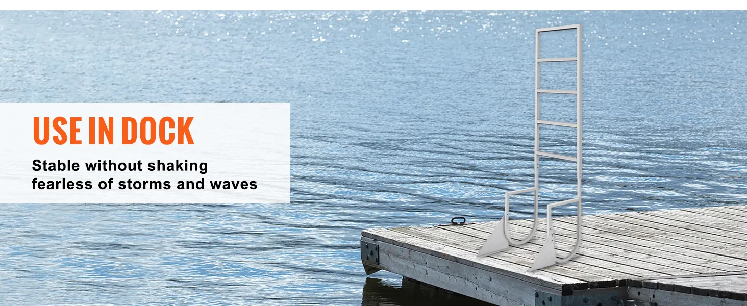 use your product: “blue water, stable aluminum VEVOR dock ladder standing firm on a wooden dock.”