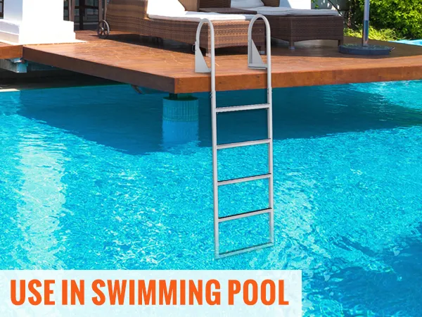 VEVOR dock ladder on wooden deck by a pool with rattan chairs, providing easy water access.