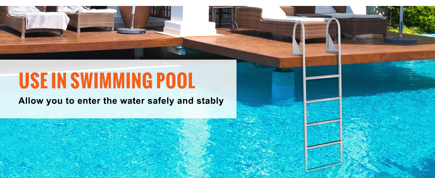 VEVOR dock ladder on wooden deck by a pool with rattan chairs, providing easy water access.
