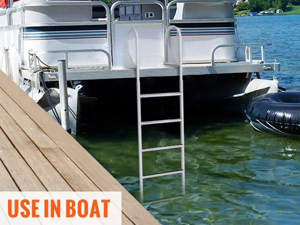 pontoon boat with VEVOR dock ladder extended into the clear lake water near a wooden dock.