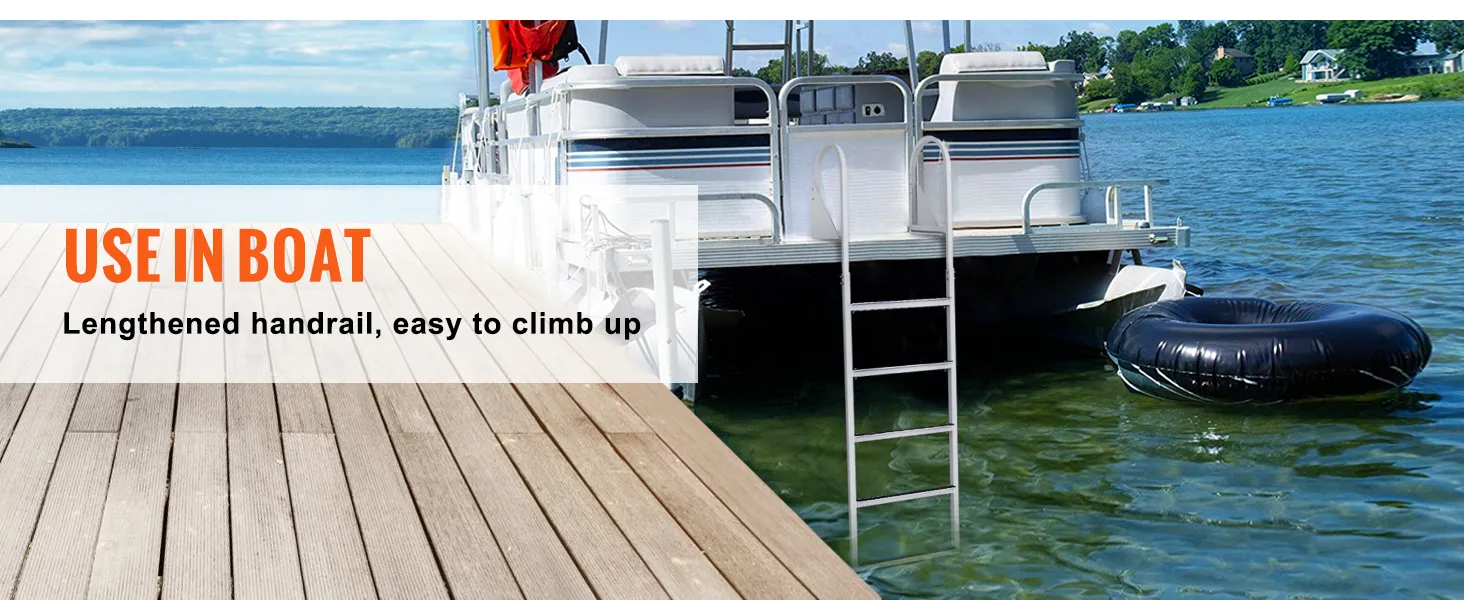 pontoon boat with VEVOR dock ladder extended into the clear lake water near a wooden dock.