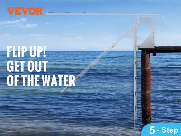 VEVOR dock ladder with 5-step flip-up design, 350lbs load capacity, aluminum frame, nonslip pedals.