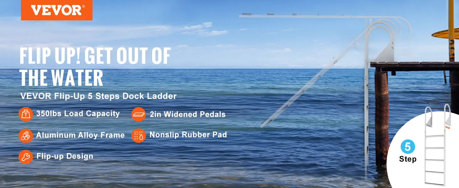 VEVOR dock ladder with 5-step flip-up design, 350lbs load capacity, aluminum frame, nonslip pedals.