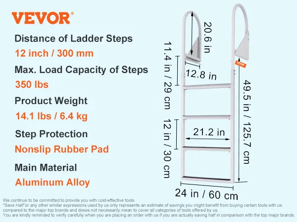 VEVOR dock ladder, 4 steps, 350 lbs capacity, nonslip rubber pad, aluminum alloy, 49.5 in height.
