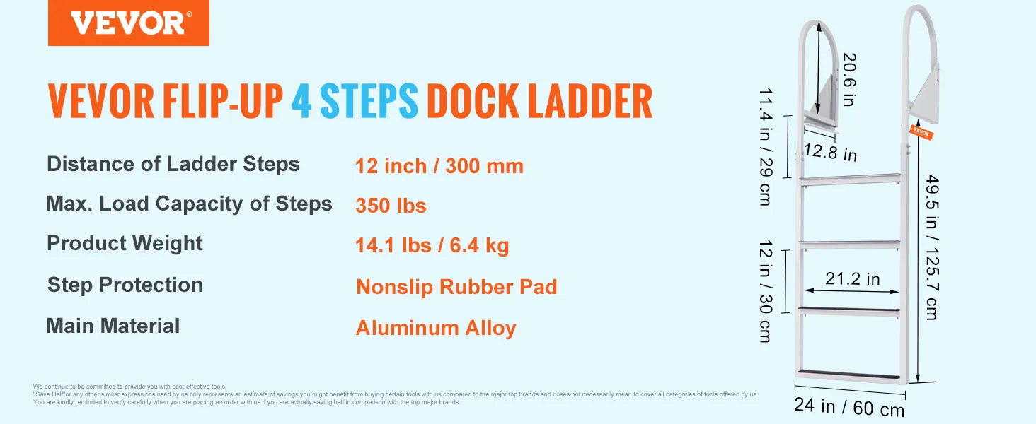 VEVOR dock ladder, 4 steps, 350 lbs capacity, nonslip rubber pad, aluminum alloy, 49.5 in height.
