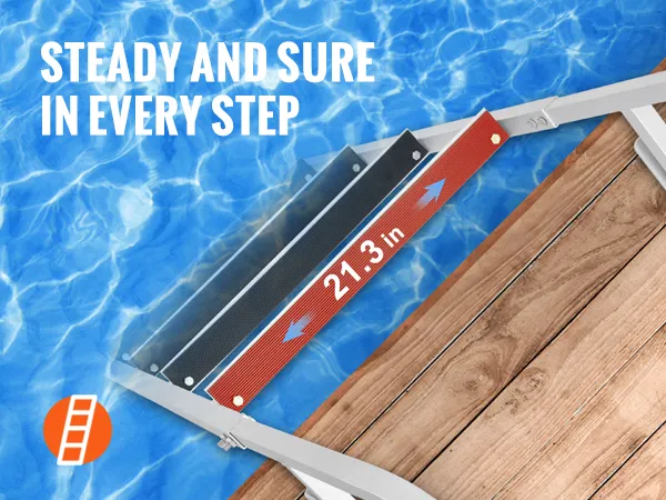 VEVOR dock ladder by wooden dock with 21.3-inch nonslip rubber steps over clear blue water.