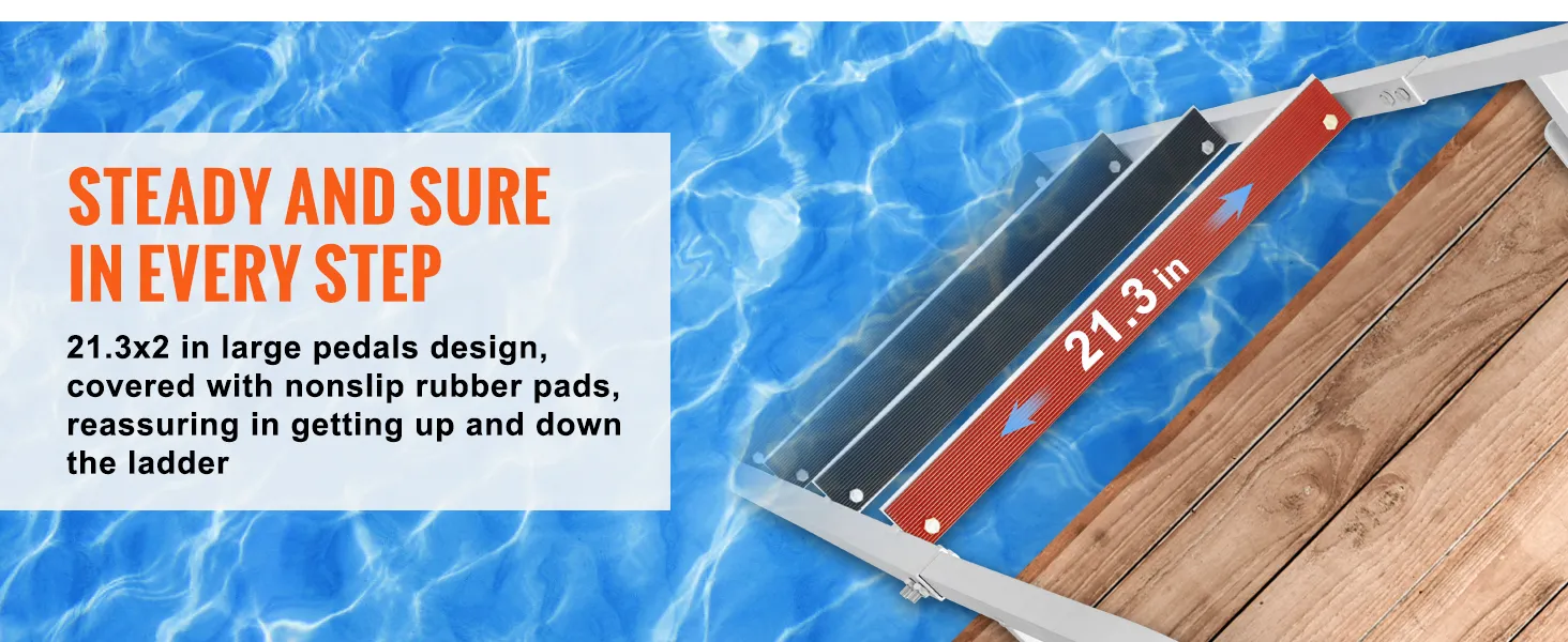 VEVOR dock ladder by wooden dock with 21.3-inch nonslip rubber steps over clear blue water.