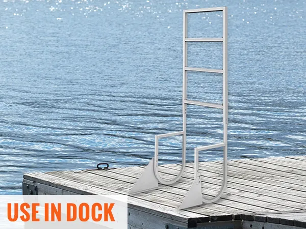 VEVOR dock ladder on a wooden dock over calm water with text highlighting stability and strength.