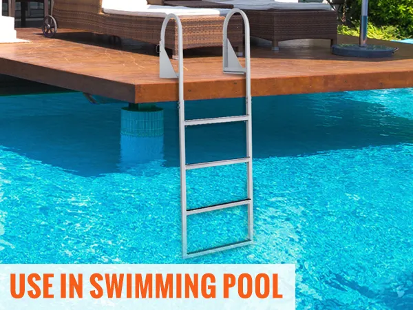 VEVOR dock ladder attached to a wooden pool deck, providing safe entry into a sparkling swimming pool.
