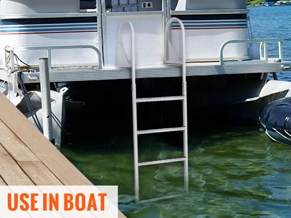 boat with VEVOR dock ladder, lengthened handrail, parked by wooden dock, clear water and lush shoreline