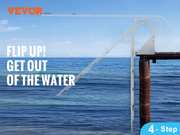 VEVOR dock ladder, 4-step aluminum ladder with flip-up design, 350 lbs load, nonslip rubber pads.