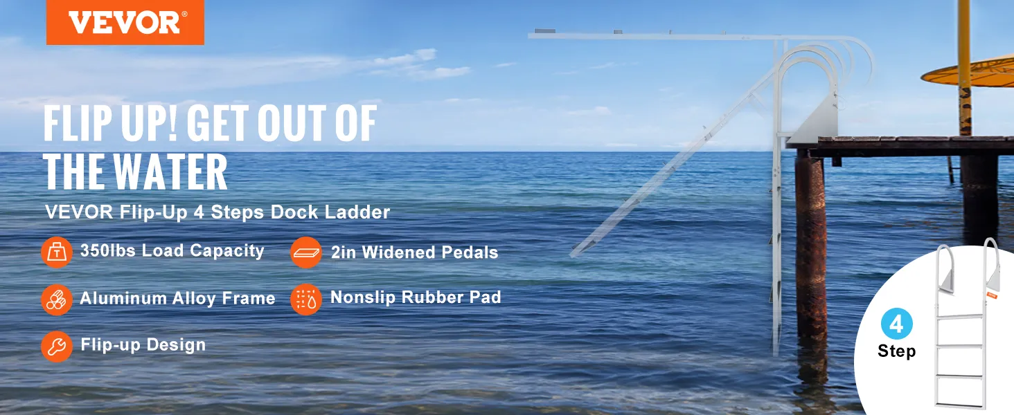 VEVOR dock ladder, 4-step aluminum ladder with flip-up design, 350 lbs load, nonslip rubber pads.