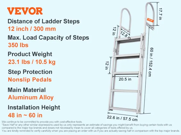 VEVOR-dockladder, uitschuifbaar, 5 treden, aluminiumlegering, antislip rubberen pads, draagvermogen van 159 kg.