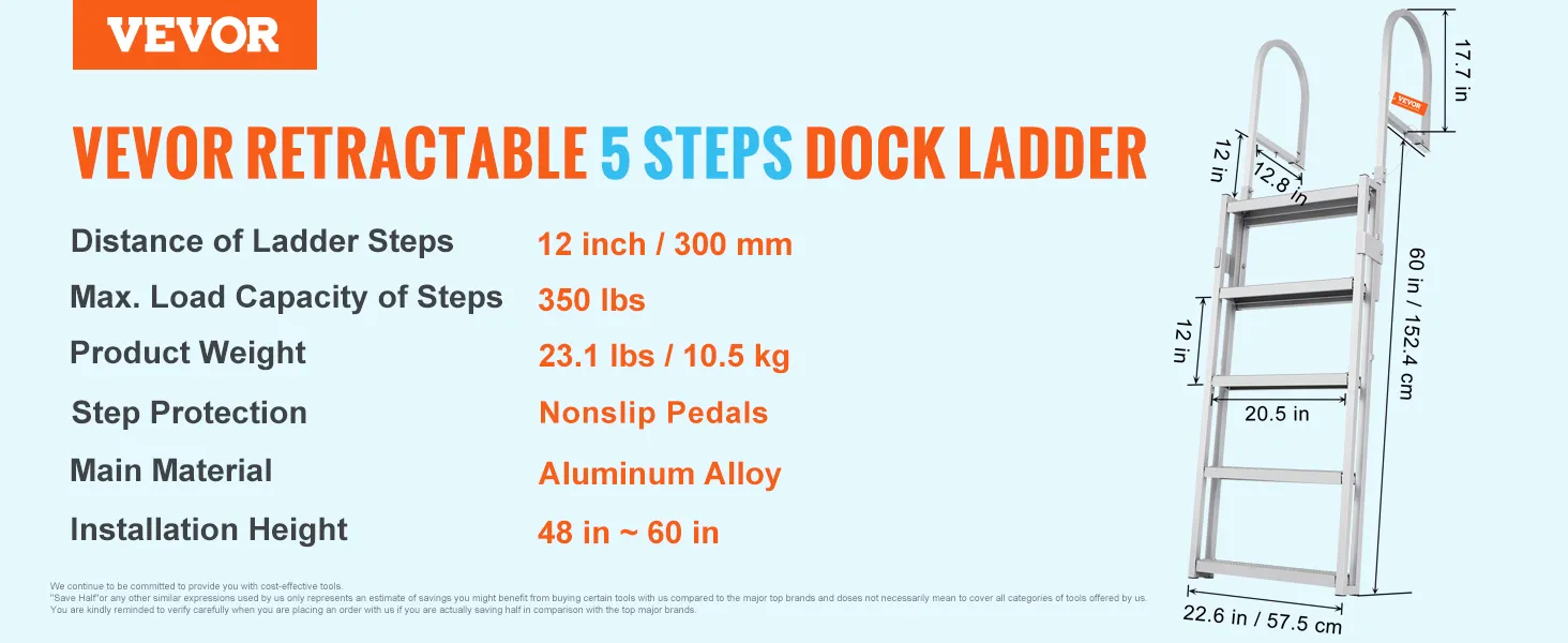 VEVOR-dockladder, uitschuifbaar, 5 treden, aluminiumlegering, antislip rubberen pads, draagvermogen van 159 kg.
