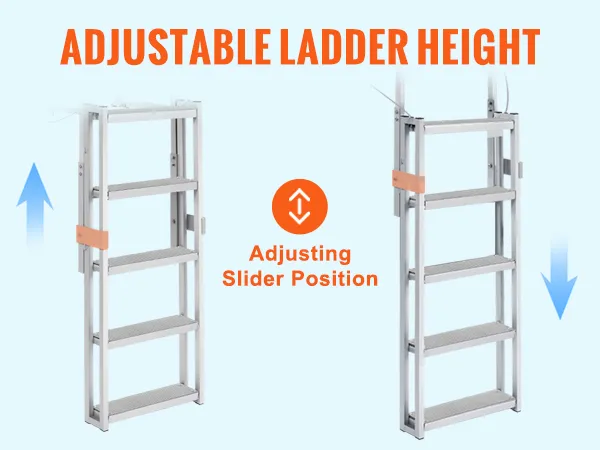 VEVOR-dockladder met verstelbare hoogte, schuifbaar ontwerp en veiligheidspennen om de ladderpositie te fixeren.