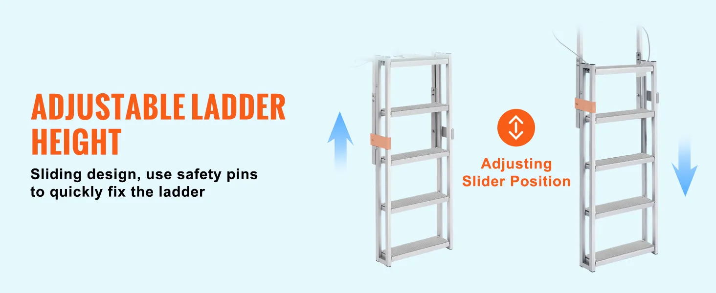 VEVOR-dockladder met verstelbare hoogte, schuifbaar ontwerp en veiligheidspennen om de ladderpositie te fixeren.