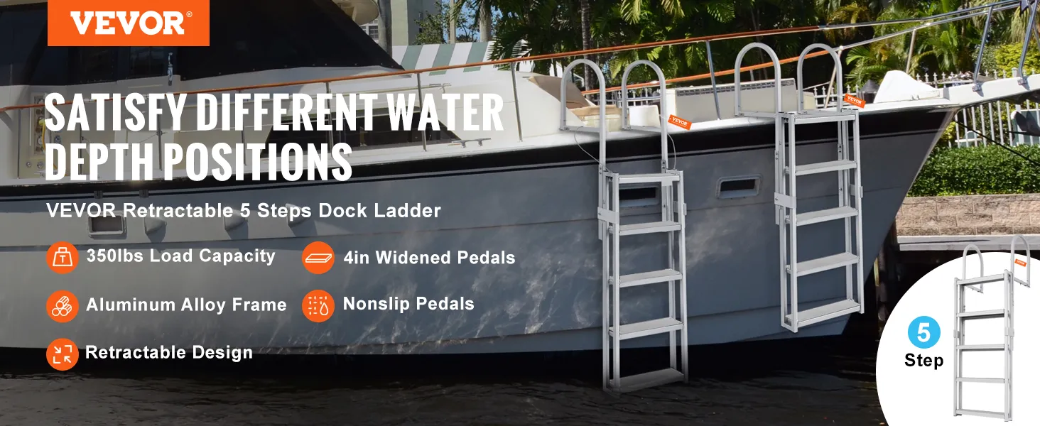 VEVOR-dockladder met frame van aluminiumlegering, 5 uitschuifbare treden, 10 cm brede pedalen en antislipmatten.