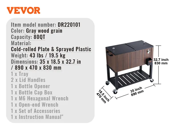 VEVOR rolling ice chest cooler in gray wood grain, 80qt capacity, 35x18.5x32.7 inches, on wheels.