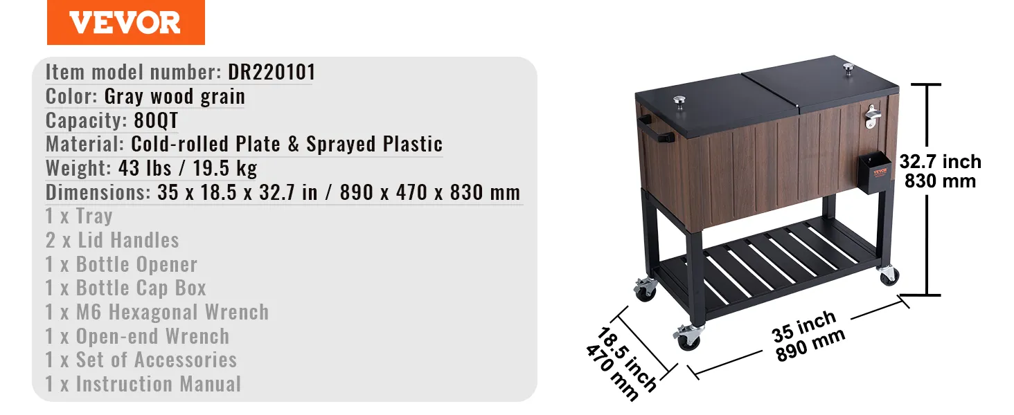 VEVOR rolling ice chest cooler in gray wood grain, 80qt capacity, 35x18.5x32.7 inches, on wheels.