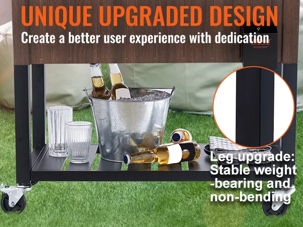 VEVOR rolling ice chest cooler with upgraded stable legs, bucket of ice, bottles, glasses, and towel.