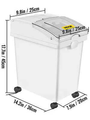 VEVOR ingredient bin with lid, dimensions: 17.7in h x 14.2in w x 7.9in d, on wheels.