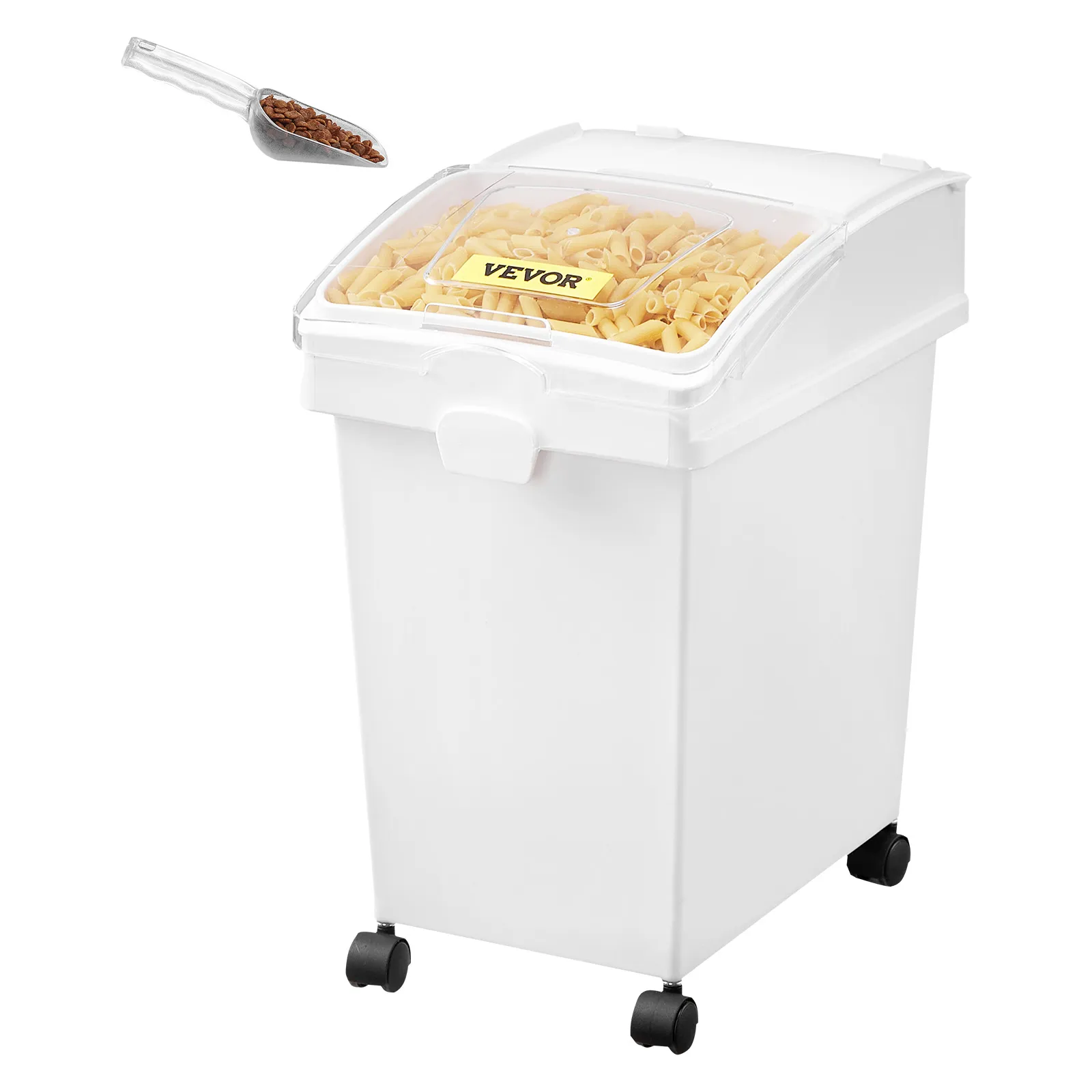 three VEVOR ingredient bins with lids and scoops, featuring wheels for easy mobility.
