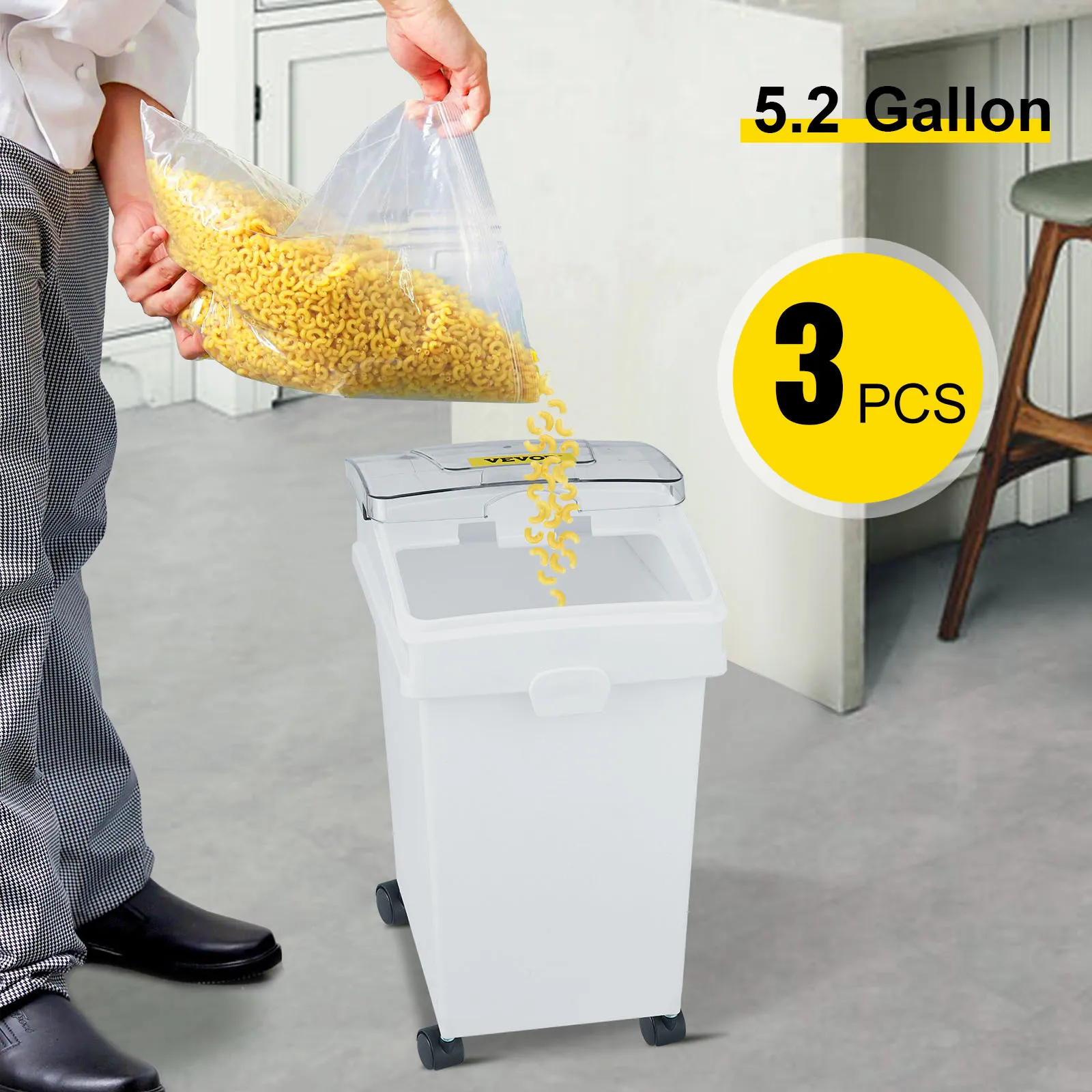 person pouring pasta into a VEVOR ingredient bin, 5.2 gallon, 3 pieces set.