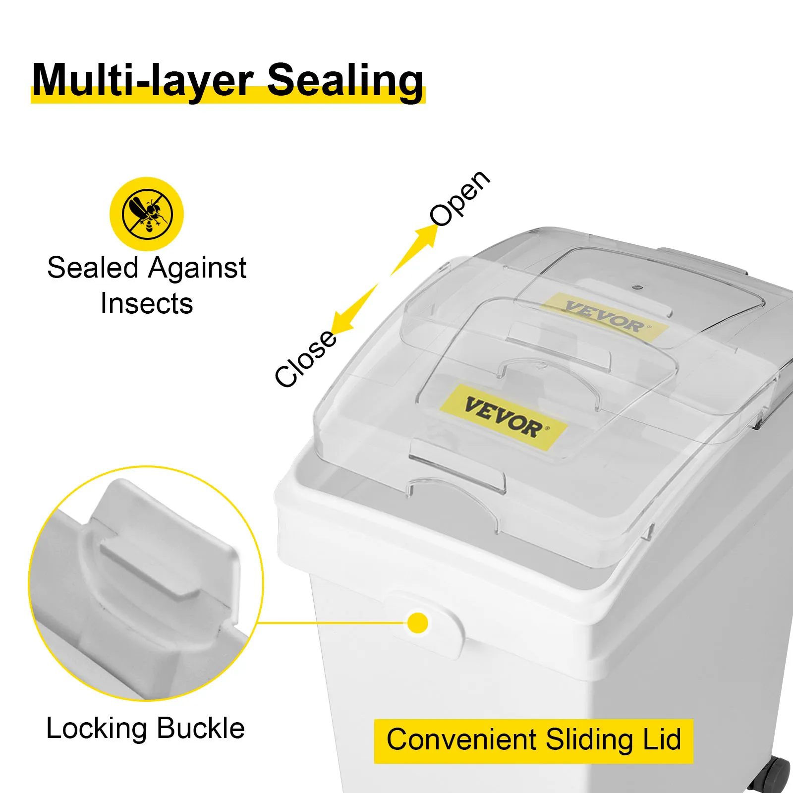 VEVOR ingredient bin featuring multi-layer sealing with convenient sliding lid and locking buckle.