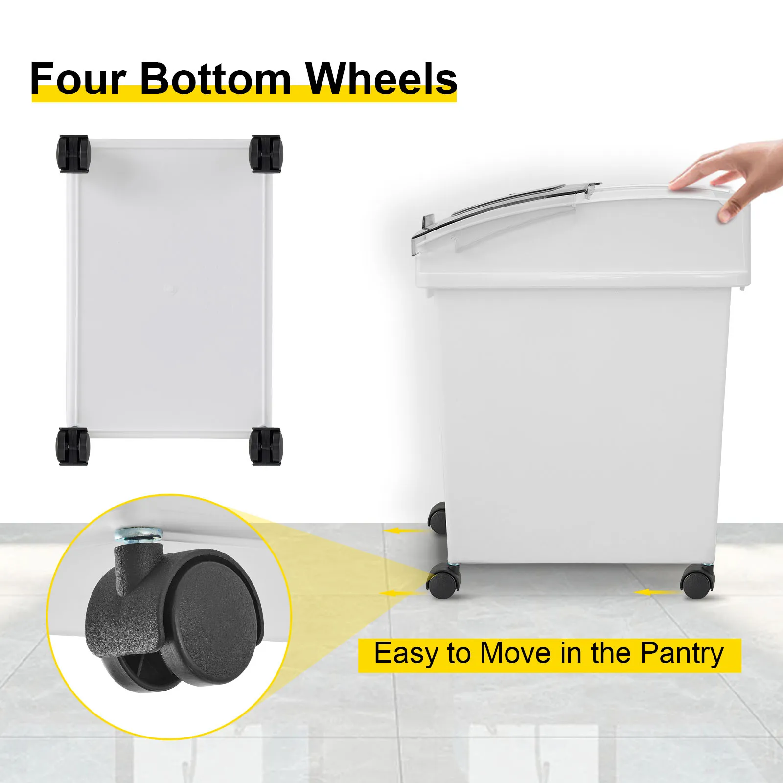 VEVOR ingredient bin with four bottom wheels, easy to move in the pantry.