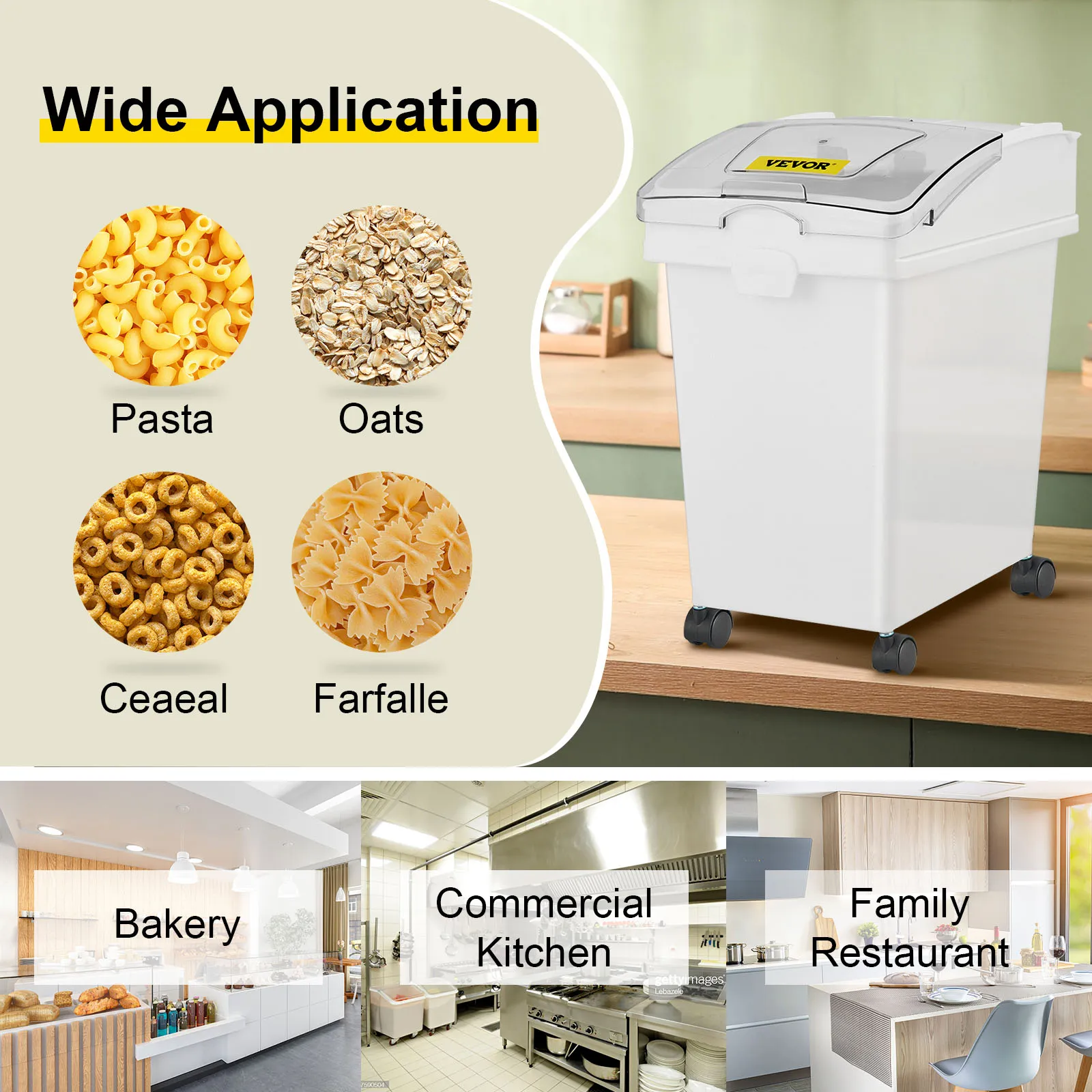 wide applications of VEVOR ingredient bin in bakeries, kitchens, and restaurants.