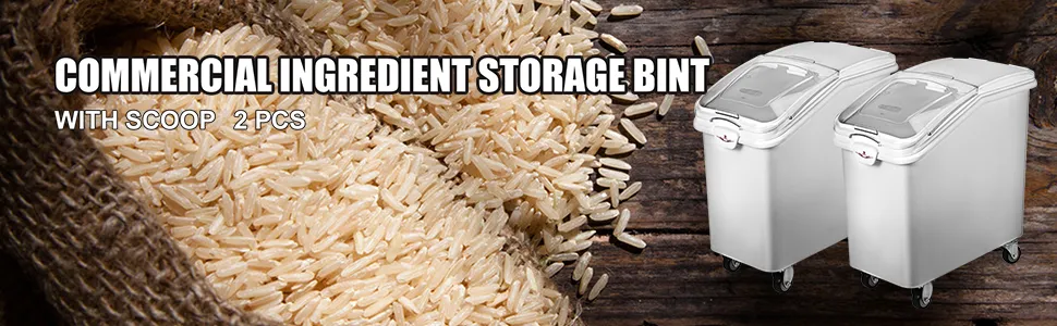 VEVOR ingredient bin with scoop, 2 pcs, beside loose rice on wooden surface.