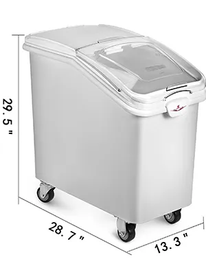 VEVOR ingredient bin with wheels, transparent lid, and dimensions 29.5"x28.7"x13.3".