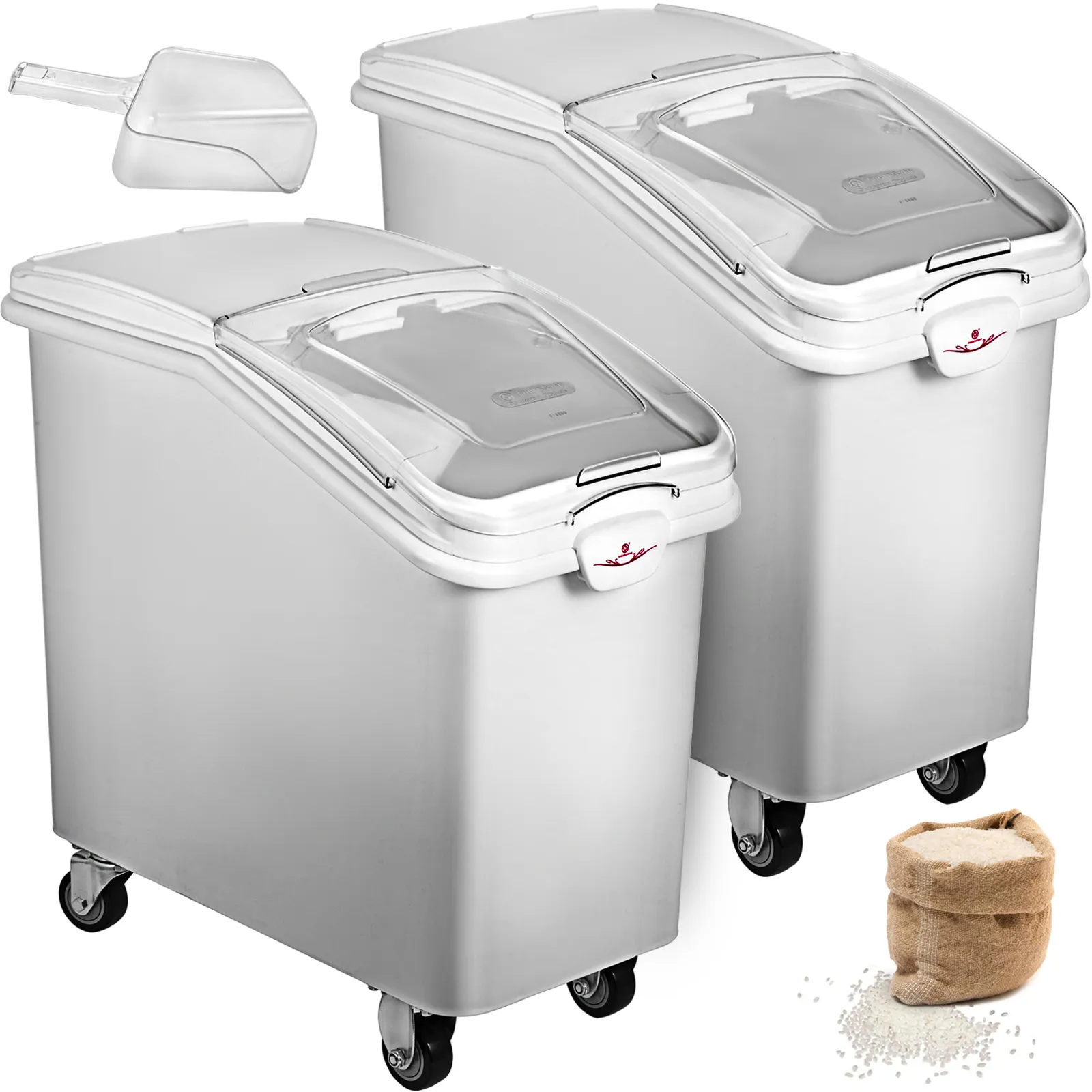 VEVOR ingredient bin set with scoops, clear lids, and wheels for easy mobility.