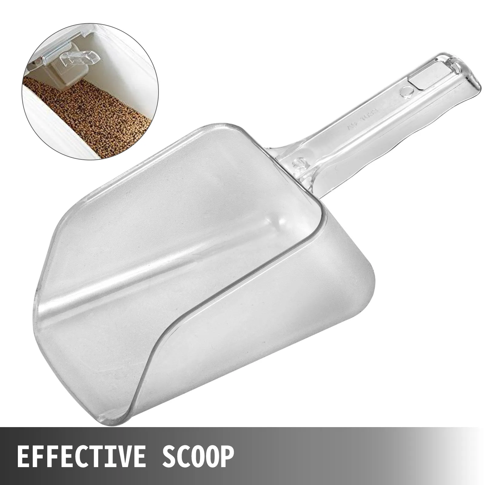 clear scoop with handle, used for dispensing grains in VEVOR ingredient bin.