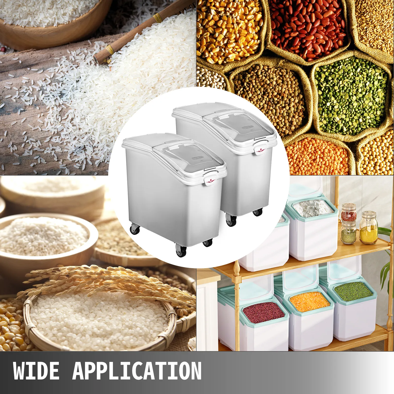 VEVOR ingredient bin storing various grains and rice in kitchen and pantry settings.