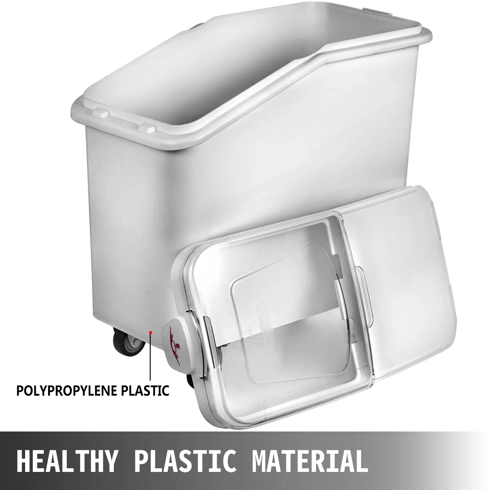 VEVOR storage bin with wheels, made of polypropylene plastic, transparent lid.