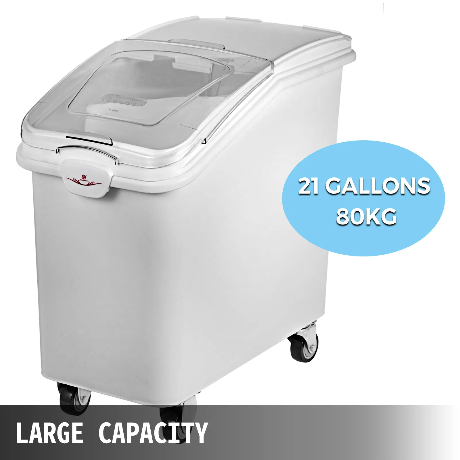 large VEVOR storage bin, 21 gallons, 80kg capacity, with wheels and transparent lid.