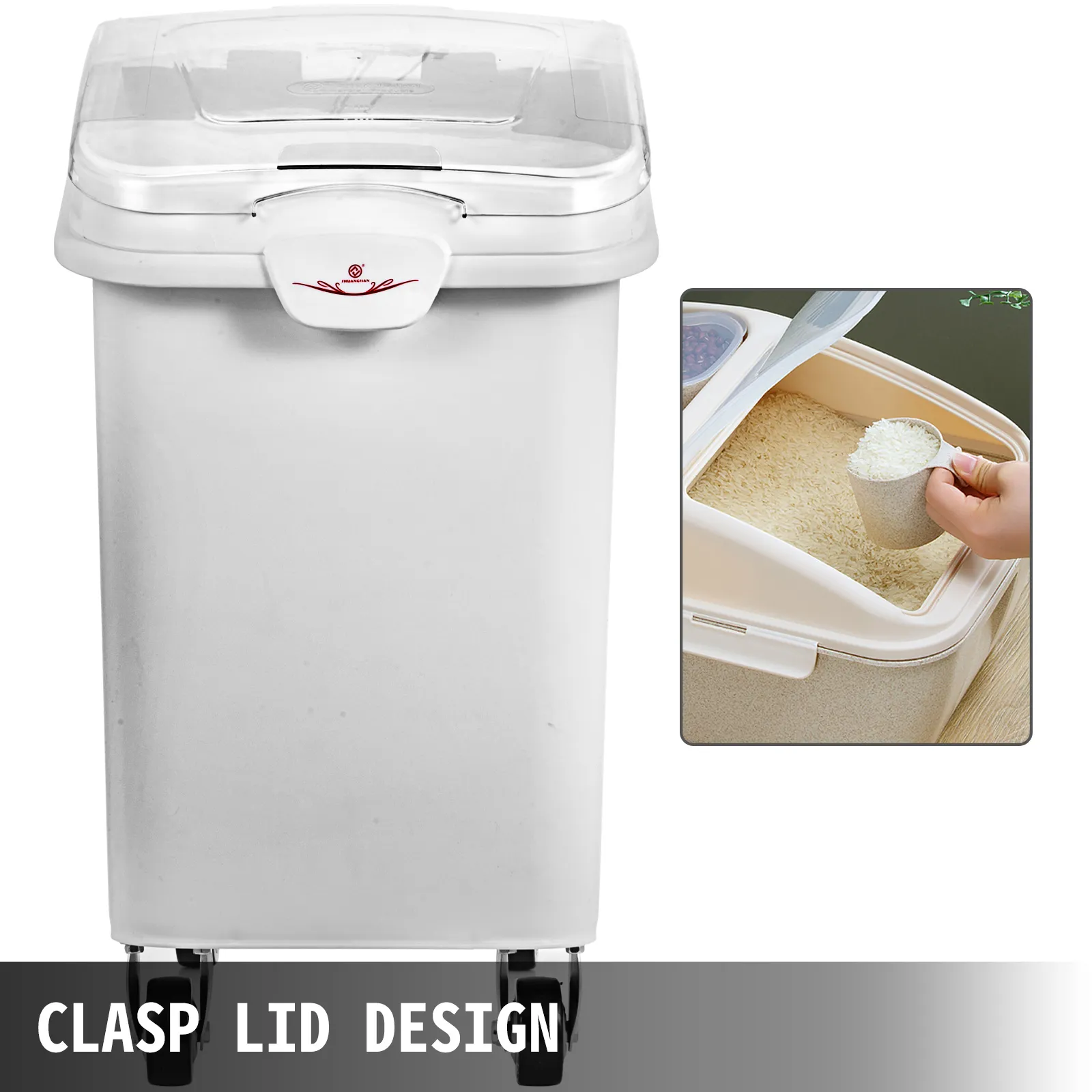 VEVOR storage bin with clasp lid design and a scooping section for easy access.