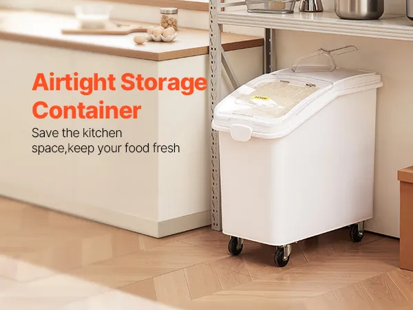 Contenedor de almacenamiento de ingredientes VEVOR, capacidad de 27 galones, debajo de una mesa de acero inoxidable.