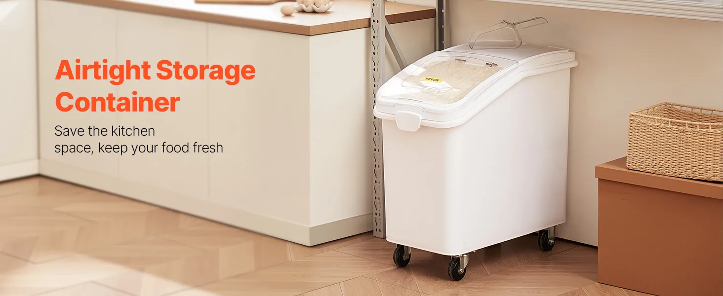 VEVOR ingredient storage bin, 27-gallon capacity, under a stainless steel table.